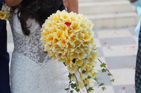 tier drop yellow frangipani bouquet 